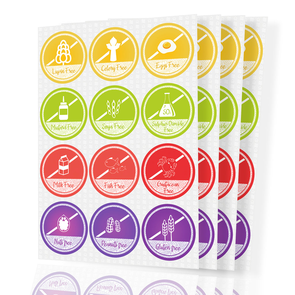 Stack of sheets featuring circular food allergen labels with icons and text for various dietary restrictions, including 'Lupin Free,' 'Celery Free,' 'Eggs Free,' 'Mustard Free,' 'Soya Free,' 'Sulphur Dioxide Free,' 'Milk Free,' 'Fish Free,' 'Crustacean Free,' 'Nuts Free,' 'Peanuts Free,' and 'Gluten Free.' Perfect for clear identification in food preparation and serving
