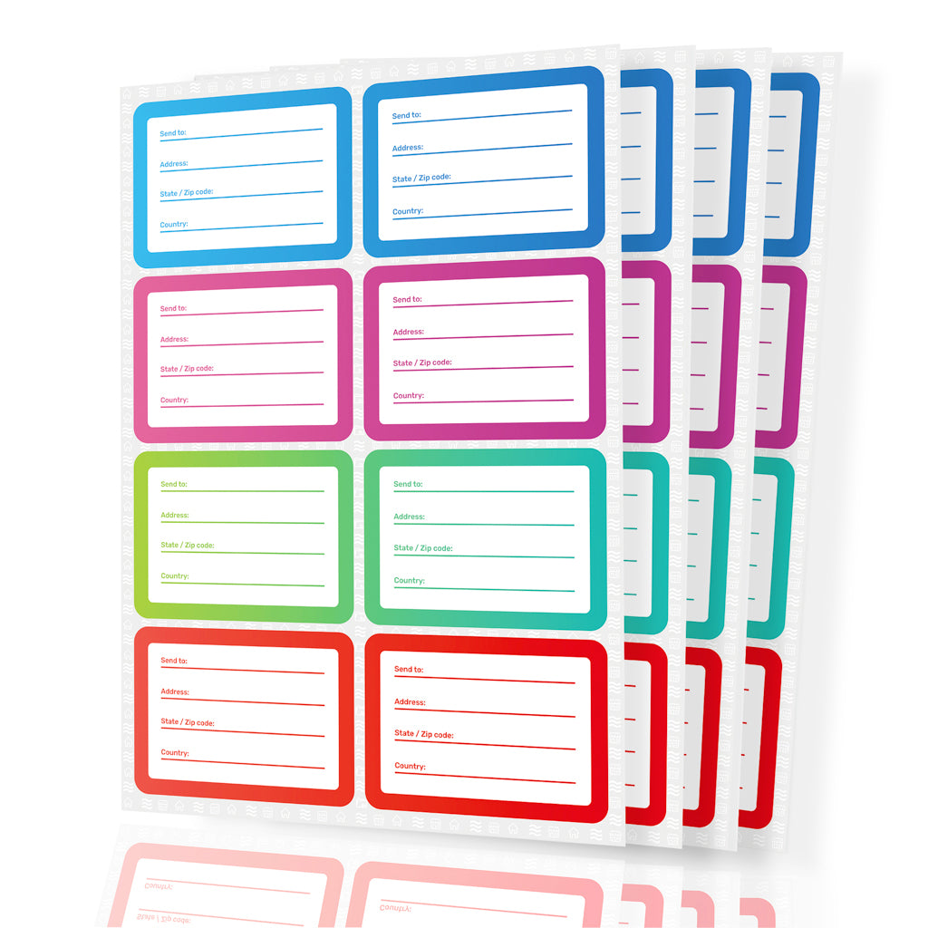 Stack of colorful rectangular mailing labels with blue, pink, green, and red borders, designed for shipping and organizing packages. Each label has fields for 'Send to:', 'Address:', 'State / Zip code:', and 'Country'.