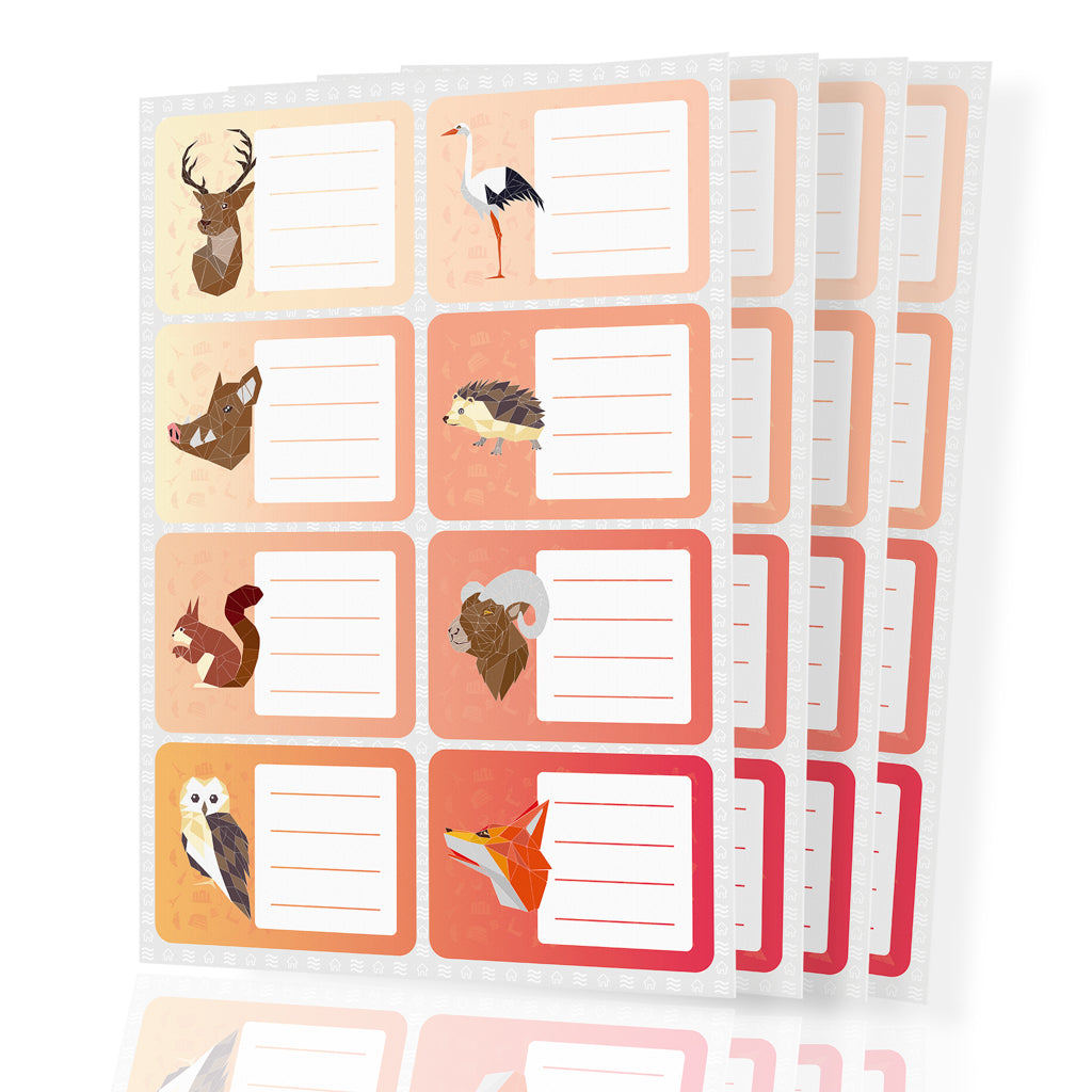 Stack of sheets featuring rectangular animal-themed name labels with illustrations of a deer, stork, wild boar, hedgehog, squirrel, ram, owl, and fox, each with blank lines for writing. Ideal for school supplies, personalizing belongings, or organizing